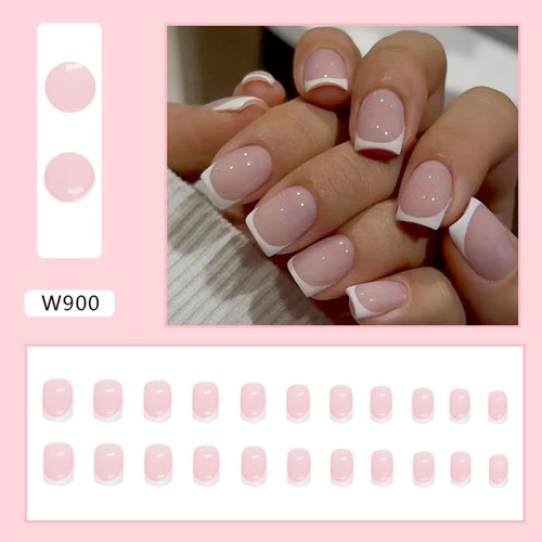 White French Tip Press on Nails Short Square Fake Nails Glossy Pink False Nails with Glue on Nails Reusable Full Cover Stick on Nails Acrylic Artificial Nails for Women DIY Nails Art Decoration