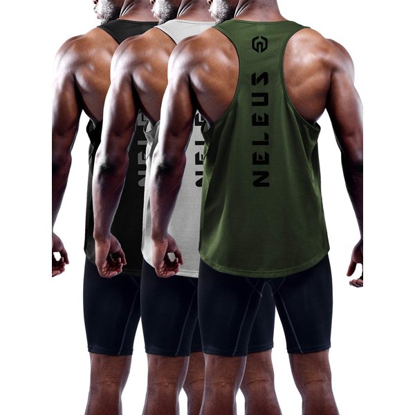 NELEUS Men's 3 Pack Dry Fit Workout Gym Muscle Tank Tops,5031,Black,Grey,Olive Green,XL,EU 2XL