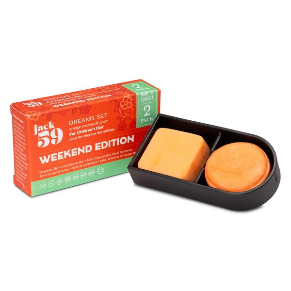 Jack59 Weekend Edition Travel Set Shampoo and Conditioner Bars for Kids and Sensitive Skin with Mini Compostable Container – Dreams Orange Creamsicle | Biodegradable | Sulfate Free | pH Balanced | 95g