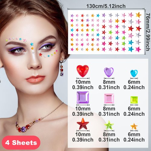 Mxxipp 352pcs Face Gems Jewels, Self Adhesive Rhinestones Stickers, Face Gem Decals Tattoos Rainbow Body Face Eye Hair Gems Stickers for Christmas Halloween Rave Party Carnival Music Festival