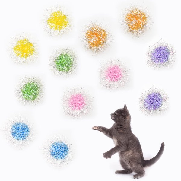 Andiker Cat Sparkle Balls, 12pcs 2.36 Inches Cat Pom Pom Balls Glitter Tinsel Cat Balls Toy Foil Fuzzy Balls for DIY Craft Colorful Interactive Cat Toys for Indoor Cats to Keep Fit and Active (12Pcs)