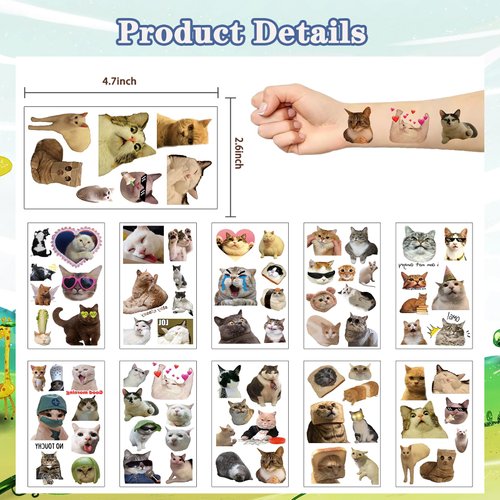 74Pcs Cats Tattoos for Kids, Funny Cats Meme Tattoos, Cat Stickers Waterproof, Cats Party Decorations, Cats Party Favors for Kids, Boys, Girls, Men, Women(10 Sheets)
