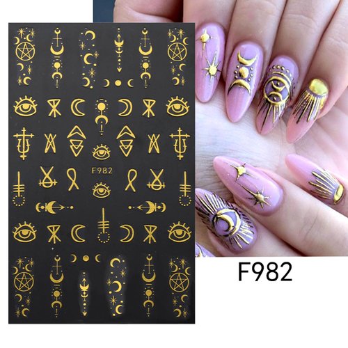 8Sheets Gold Nail Art Stickers Decals Star Moon Sun Nail Sticker 3D Self-Adhesive Outer Space Designs Nails Decals Eyes Snake Nails Art Supplies for Women DIY Manicure Decorations Set