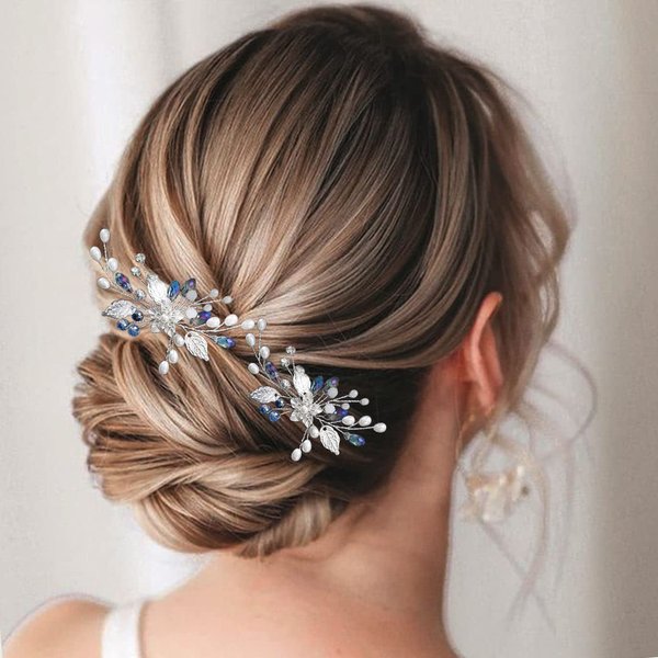 Heread Flower Bride Wedding Hair Pins Blue Rhinstones Bridal Hair Accessories Silver Pearl Hair Pieces Leaf Hair Clips for Women and Girls (Pack of 2)
