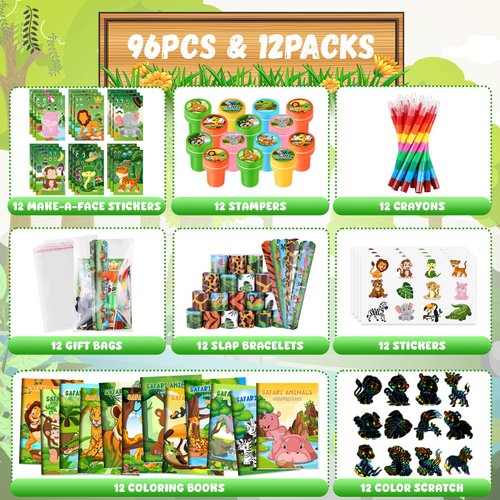 BenLouis 96Pcs Jungle Safari Party Favors Zoo Animals Coloring Books Crayons Sticker Stampers Slap Bracelets Set Bulk Classroom Prizes for Kids Wild One Party Baby Shower Goodie Bags Fillers