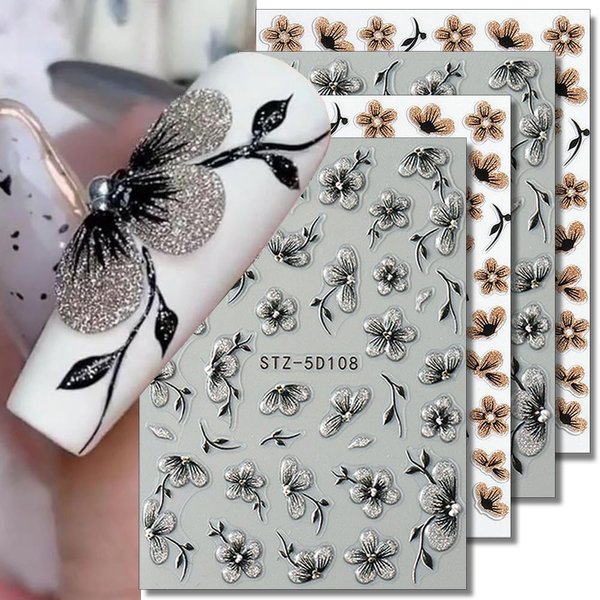 Glitter Flower Nail Art Stickers 5D Black Silver Flower Nail Stickers 3D Black Gold Flower Stickers for Nails Floral Nail Decals for Nail Art Supplies Jelly Blossom Sticker Nails Petals Nail Decor