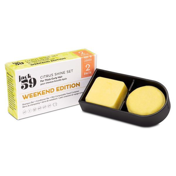 Jack59 Weekend Edition Travel Set Shampoo and Conditioner Bars for Thick Curly Hair, with Mini Compostable Container – Citrus Shine | Biodegradable Shampoo | Sulfate Free | pH Balanced | Vegan | 95g