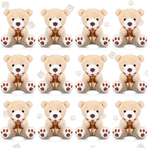 Arrowbash 12 Pcs Operation Christmas Mini Bears for Baby Shower 4 Inch Small Bear Bulk Tiny Bear Plush Stuffed Animal Toys Soft Bear Doll for Birthday Party Favors Keychain DIY Craft(Apricot)