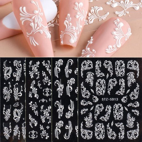 4 Sheets Flower Nail Art Sticker Decals - 5D Stereoscopic Embossed Acrylic Nail Stickers Self-Adhesive Nail Art Supplies White Lace Retro Floral Nail Designs DIY Manicure Decoration for Women Girls