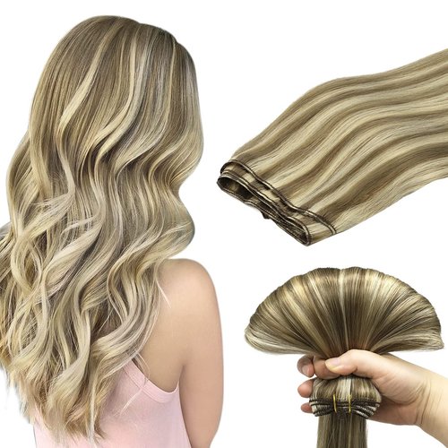 DOORES Weft Hair Extensions Human Hair, 20 Inch 100g Light Brown Highlighted Medium Blonde, Sew in Hair Extensions Weft Sew in Hair Bundles Full Head Double Weft Straight Hair