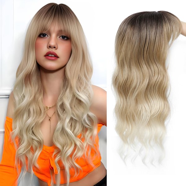 ISTGIFT Hair Toppers for Women with Thinning Hair, 360° 3D Hair Topper with Bangs Hair Clip 20 Inch Toppers Hair Pieces for Women Long Curly Wavy Hair Topper Wiglet (Ombre Blonde, 20 Inch)