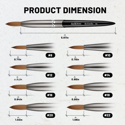 Aokitec Acrylic Nail Brush Size 14, Pure Kolinsky Hair Bristles Sturdy Wooden Handle Oval Crimped Sable Acrylic Brush Wood Nail Art Brush for Acrylic Powder Application Manicure Tool（Black）