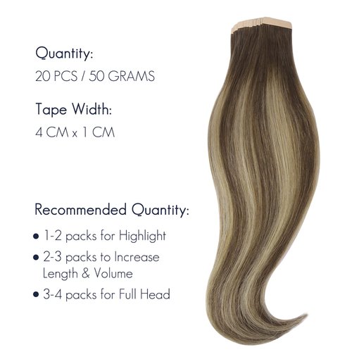 HOTBANANA Tape in Hair Extensions, 20 Inch Tape in Hair Extensions Human Hair 20pcs 50g Chocolate Brown with Honey Blonde Tape Hair Extensions Straight Remy Human Hair Tape in Extensions