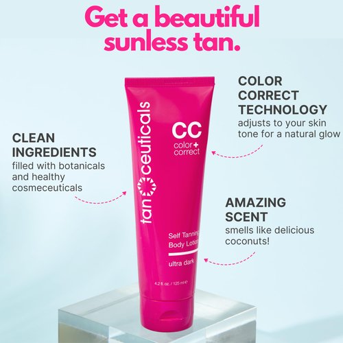 Tanceuticals CC Self Tanning Body Lotion - Ultra Dark Self Tanner, Color Correcting Natural Looking Sunless Tan – Quick Fake Tan, Bronze Glow - Fresh Coconut Scent and Healthy Ingredients