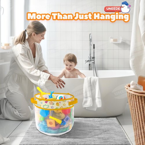 UNEEDE Duck Print Bath Toy Storage,4.15 Gallons Bathtub Toy Storage Organizer,Bath Toy Holder for Bathtub Organizer and Storage,Quick Dry Bath Toy Organizer,Mesh Shower Caddy,Yellow Duck Sutff