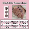 ANDGING Black Press on Nails Short Medium Square French Tip Fake Nails with Butterfly Glitter Rhinestone Design Coffin Glue on Nails for Women Acrylic False Nails with Glue Stick on Nails for Wedding