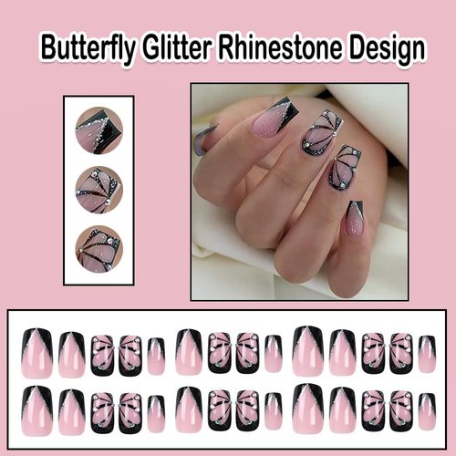 ANDGING Black Press on Nails Short Medium Square French Tip Fake Nails with Butterfly Glitter Rhinestone Design Coffin Glue on Nails for Women Acrylic False Nails with Glue Stick on Nails for Wedding