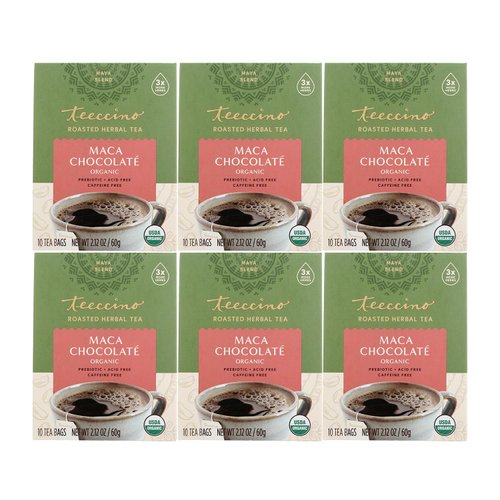 Teeccino Maca Chocolaté Herbal Tea - Rich & Roasted Herbal Tea That’s Caffeine Free & Prebiotic with Natural Energy from Adaptogenic Peruvian Maca, 10 Tea Bags (Pack of 6)