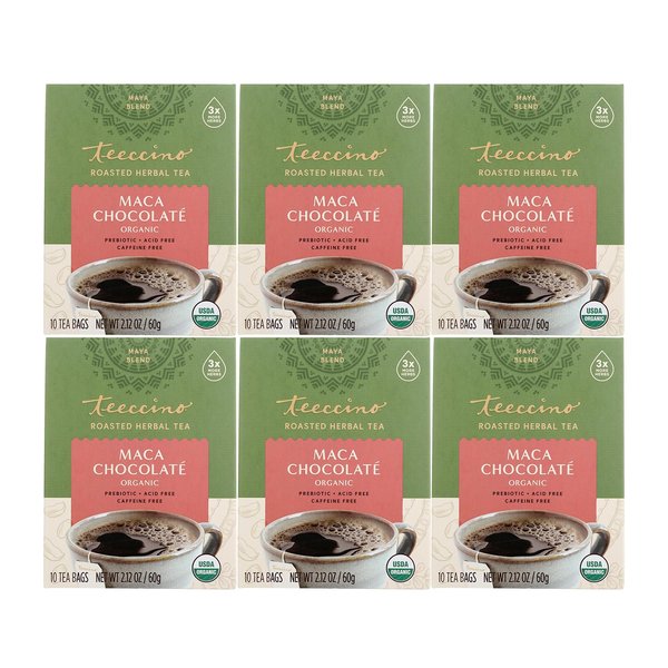 Teeccino Maca Chocolaté Herbal Tea - Rich & Roasted Herbal Tea That’s Caffeine Free & Prebiotic with Natural Energy from Adaptogenic Peruvian Maca, 10 Tea Bags (Pack of 6)