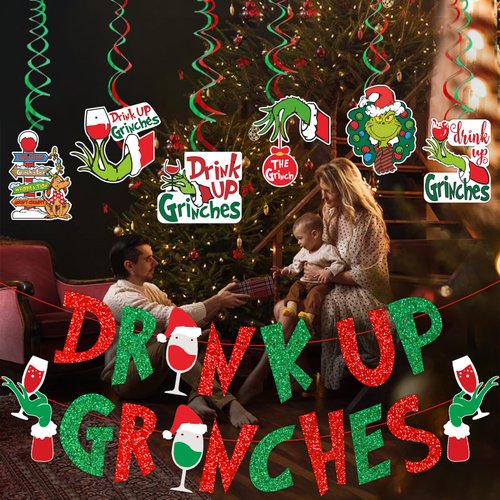 Drink Up Banner Red Green Glitter Christmas Banner Green Monster Party Decorations for Green Monster Christmas Party Supplies The Whollive Christmas Decor