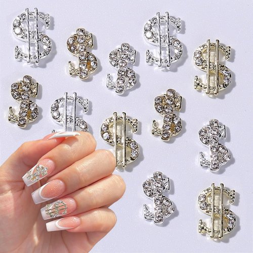 20 Pcs Money Sign Nail Charms Alloy Money Dollar Nail Art Charms with Rhinestone Gold and Silver Dollar Sign Nail Jewelry Flat Back Dollar Money Rhinestones for Nails Decoration Accessories