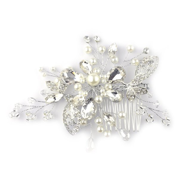 Rhinestone Leaf & Flower Pearl Bead Hair Comb