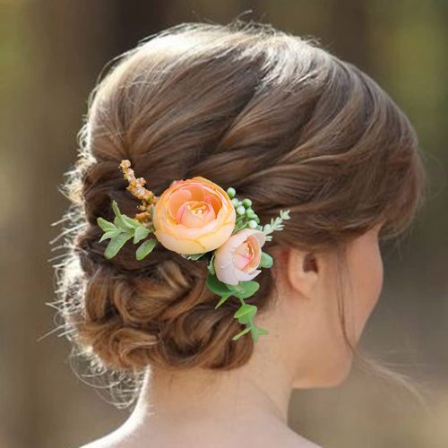 Fangsen Boho Silver Wedding Orange Rose Flower Hair Comb Floral Bridal Hair Accessory for Women and Girls