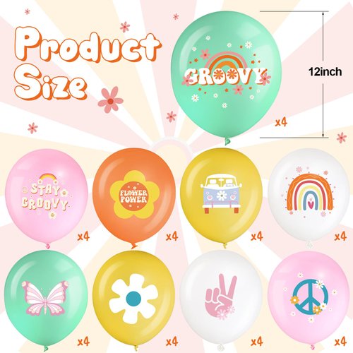 Hiboom 72 Pcs Groovy Retro Hippie Balloons Boho Daisy Party Balloons 12 Inch Rainbow Daisy Flower Butterfly Peace Sign Latex Balloons for Kids Girls Two Groovy Birthday Party Decoration Supply (Fresh)