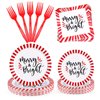 96 Pcs Christmas Party Supplies Paper Plates and Napkins Disposable Dinnerware Set Include Christmas Plates Napkins Forks for Xmas Holiday Table Decorations, Serves 24 Guests (Red White Stripe)