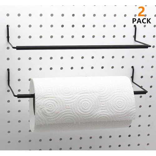 Paper Towel Holder for Pegboard, Extendable, Fit Any Standard Pegboard, Pegboard Organization Accessory Hook for Workshop, Garage, Kitchen, Laundry Room, Bathroom 2 Packs, Black (2 PCS)