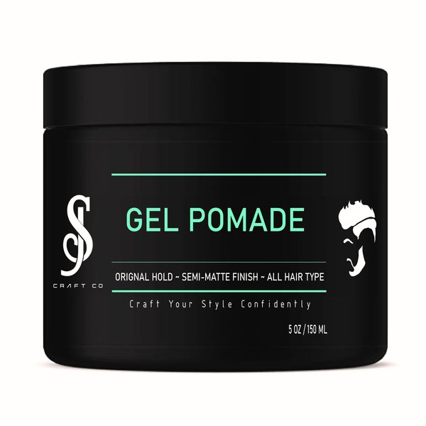 Pomade 5oz - SJ Craft Co Gel Pomade - Original Hold Strong - Medium Shine with Natural Semi Matte Smooth Slick Finish Gel - Edge Control Transparent Clear Color - Men Hair Styling Product, Barber Grade Water Based – Scented No Flakes Re-Workable - Curly W
