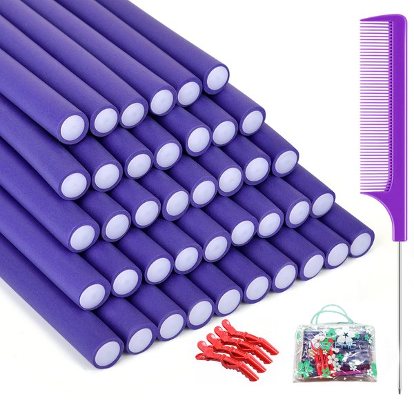 CEKEME 40 Pieces Flexible Curling Rods Foam Hair Rollers, No Heat Hair Curlers for Long Hair (9.45' x 0.55'), Purple (Hair Curlers, Hair Roller, Hair Styling Tools)