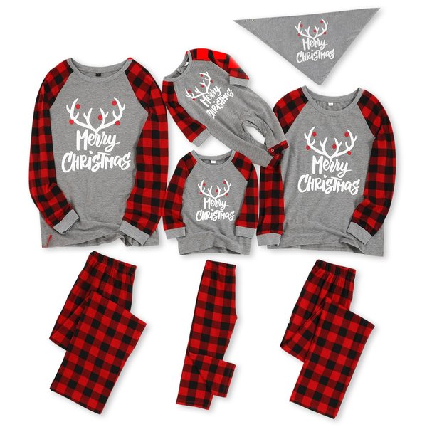 IFFEI Matching Family Pajamas Sets Christmas PJ's with Letter and Plaid Printed Long Sleeve Tee and Bottom Loungewear 4-5 Years Grey