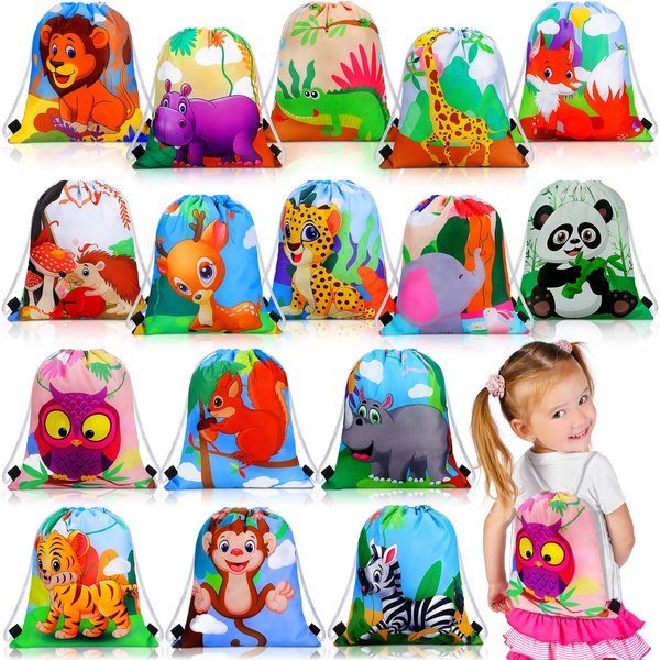 Gerrii 16 Pieces Jungle Animal Drawstring Bags Cartoon Animal Safari Goodie Bags Safari Party Favors for Boy Girl Birthday Baby Shower