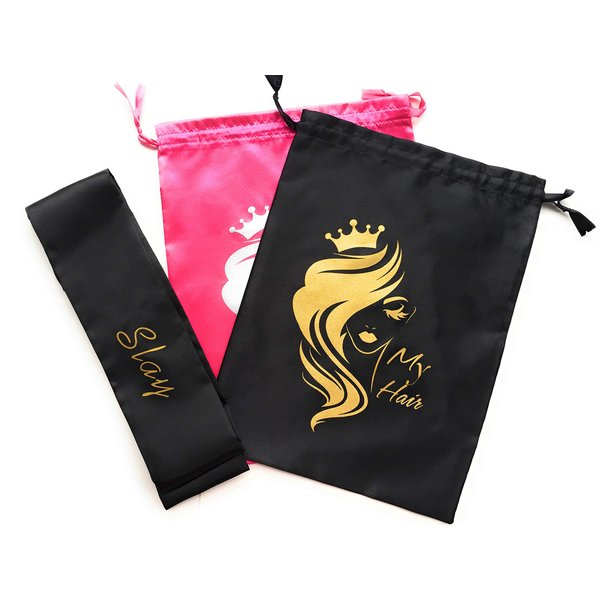 Head Wrap for Black Women, Edge Control Scarf, Silk Hair Wrap for Sleeping, Silk Satin Scarf& Satin Wigs Bundles Hair Tools Storage and Travel Bags, 2Bags & 1 Edge Wrap（2 Bags & 1 Edge Scarf)