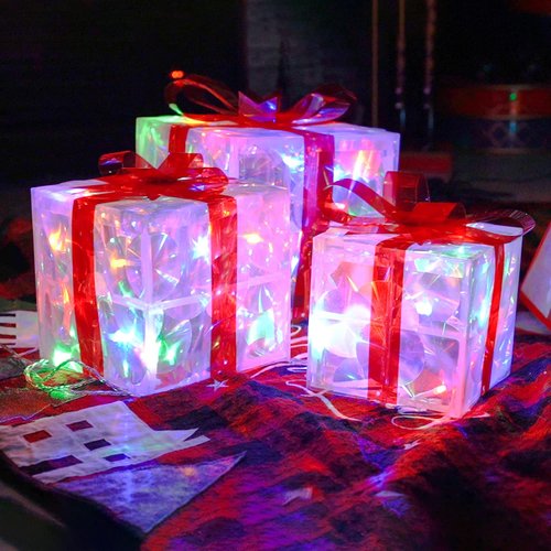 Hourleey Set of 3 Christmas Lighted Gift Boxes, Pre-lit 60 LED Light Up Present Boxes Ornament Decorations for Indoor Outdoor Xmas Tree Home Yard Lawn Decor (Multicolor)