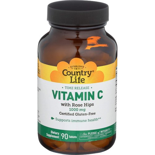 Country Life Time Release Vitamin C with Rose Hips, Supports Immune Health, 1,000mg, 90 Tablets, Certified Gluten Free, Certified Vegan