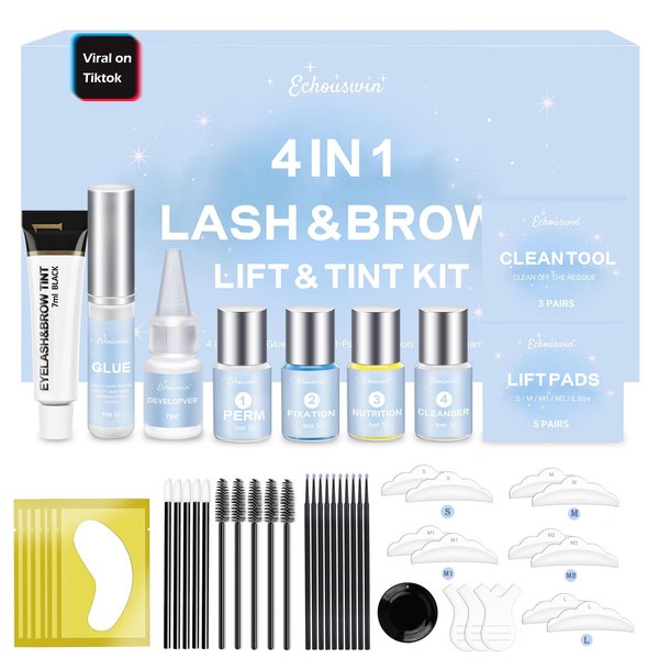 4 in 1 Lash & Brow Lift and Color Kit,Professional Eyelash Lift Kit & Brow Lamination Kit, Quick Curling Perming & Voluminous Coloring with Complete Tools DIY, Suitable for Salon & Home Use (Black)