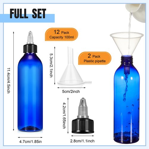 Barydat 12 Pcs Twist Top Applicator Bottle Refillable Squeeze Empty Plastic Bottles, Multi Purpose Round Hair Oil Applicator with Open Close Nozzle and 2 Funnels for Shampoo Lotion (Blue,8 oz)