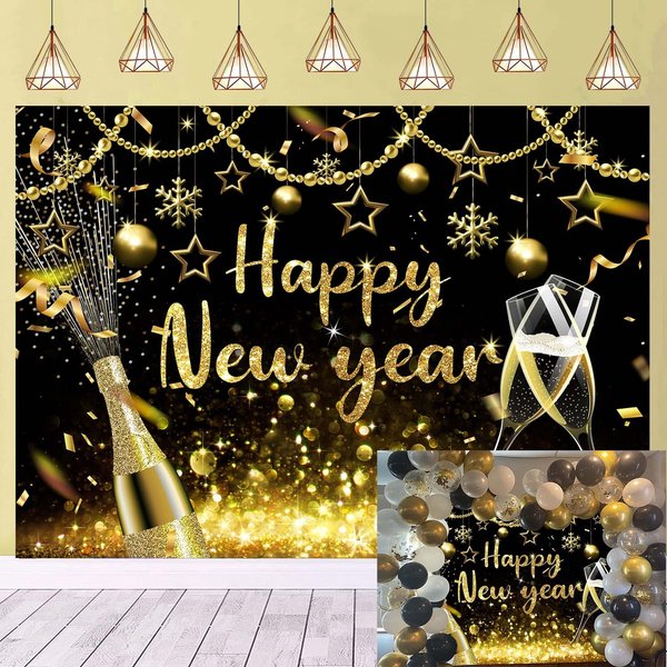 2025 Happy New Year Backdrop Gold Glitter New Years Background for 2025 New Years Eve Party Decoration Supplies (7X5FT)