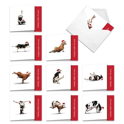 The Best Card Company - 10 Blank Animal Christmas Note Cards - Assorted Bulk Holiday Cards for Kids, Fun Wildlife (4 x 5.12 Inch) - Christmas Cow Yoga MQ6545XSB-B1x10