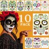 Day of the Dead Face Tattoos Makeup Kit, 10 Pack Halloween Sugar Skull Red Roses Temporary Tattoos for Adults Women Men Kids, DIY Skull Full Face Mask Stickers for Halloween Party Cosplay Supplies
