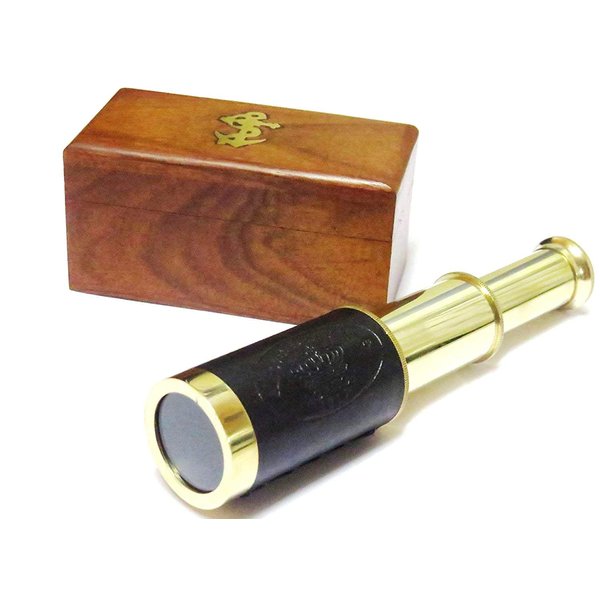6" Handheld Brass Telescope with Wooden Box-Pirate Navigation with Anchor Wooden Box