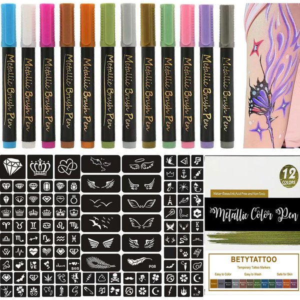 Temporary Tattoo Markers for Skin - Tattoo Pens for Body & Face Art with 111 Tattoo Stencil Papers, 12 Pens Make Bold and Fine Lines, Cosmetic Quality(BETY1)