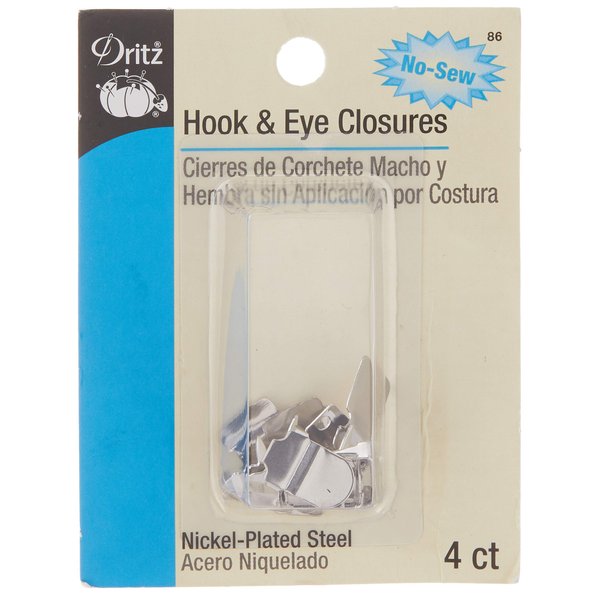 Dritz Closures Hook & Eye, No-Sew, Nickel, 4 Count