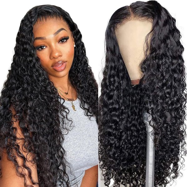 Ijowa Deep Wave Lace Front Wigs Human Hair 13x4 HD Transparent Lace Frontal Wigs for Women Human Hair Wet and Wavy Lace Front Wigs Pre Plucked with Baby Hair 180% Density Natural Black Color 24inch