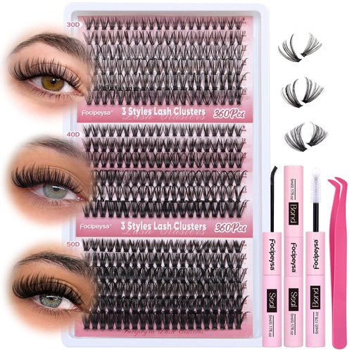 Focipeysa Wispy Lash Clusters 360pcs Eyelash Extension 30D 40D 50D Individual Lashes 9-16mm Mixed Eyelash Clusters Natural Lash Extensions with Lash Bond and Seal and Tweezers DIY Cluster Eyelashes