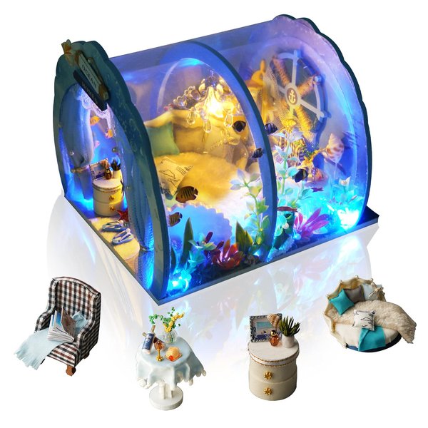 GuDoQi DIY Miniature Dollhouse Kit, Miniature House Kit 1:24 Scale,Tiny House kit with Furniture, Great Gift for Birthday Christmas Day, Sweet Home of Mermaid Princess