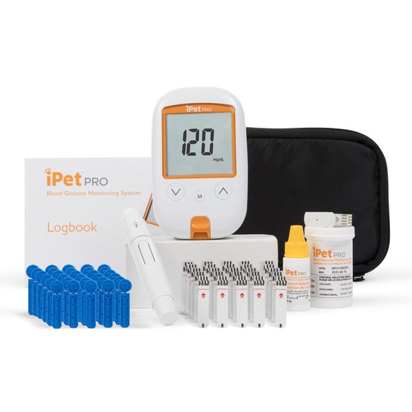 iPet PRO Blood Glucose Monitoring System Designed for Dogs & Cats| Includes Meter, 2 AA Batteries, User Guide, Log Book, 25 Test Strips, Control Solution, Lancing Device, 30 28G Lancets, Carrying Case