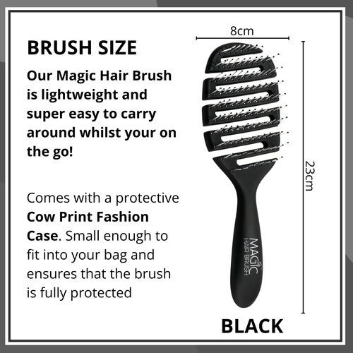 Magic Hair Brush for Curly Hair | Professional Flexible Hairbrush | Vented Design for Detangling | Use as a Wet, Dry, or Styling Brush | For All Hair Types | Storage Fashion Wallet (Black Cow Print)